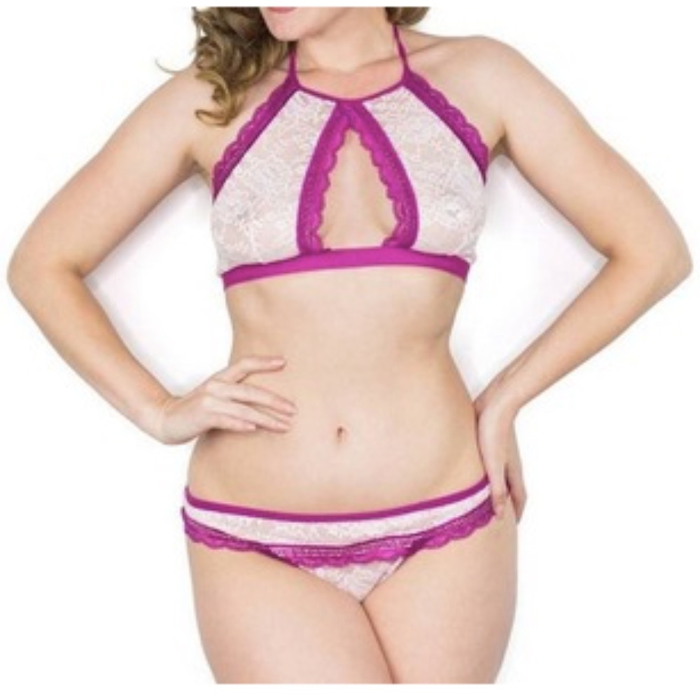 2 PIECE Lovehoney, Flirty Pink Lace Halterneck Bra Set Pink, S / M
